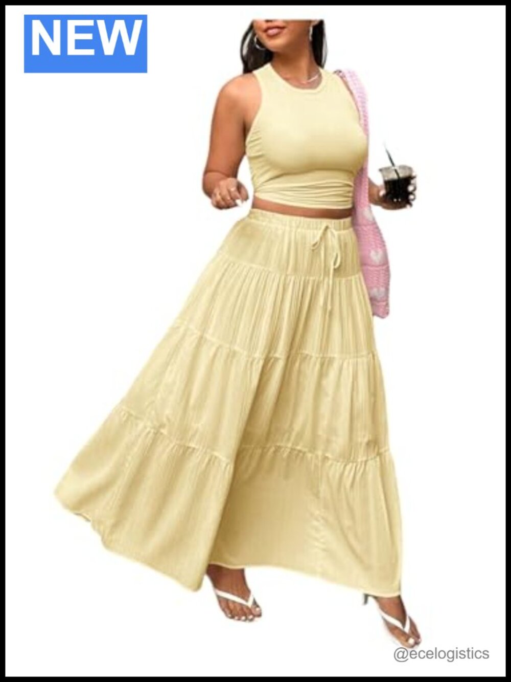 Plus Size 2 Piece Boho Set Ruched Crop Tank Ruffle Maxi Skirt